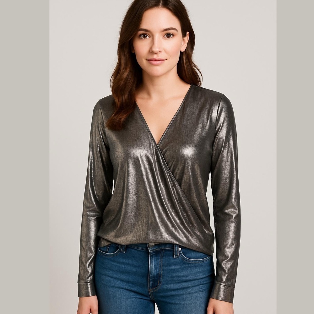 Anthropologie NUMPH Metallic Silver Wrap Side Tie Shimmery Party Top Blouse XS